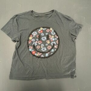 Freeze T Shirt Women's Large Black Smiley Face Embroidered Floral Graphic Top